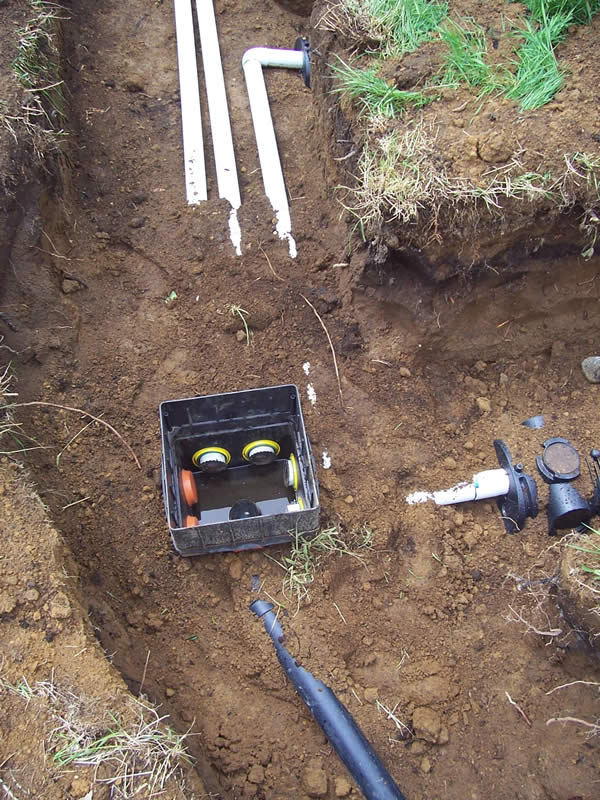 A "d-box" with 4 outlet pipes (white) and one inlet (black pipe).